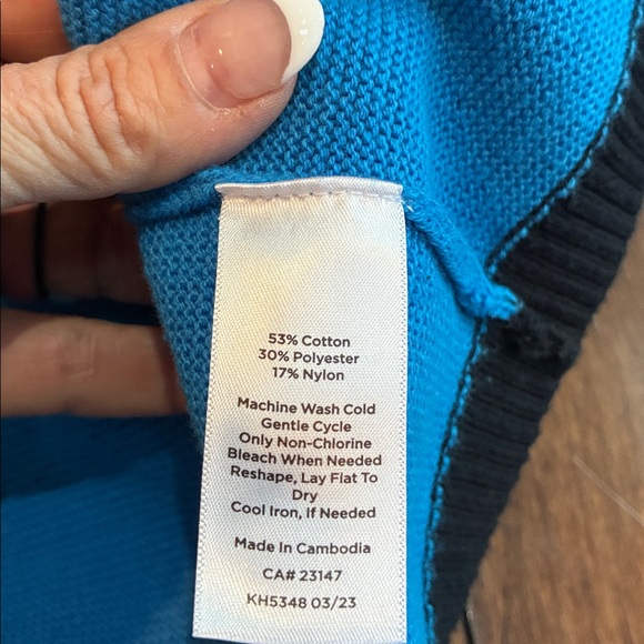 Talbots Tipped Texture V-neck Cardigan Sweater Blue black Silver tone buttons M - Picture 5 of 10